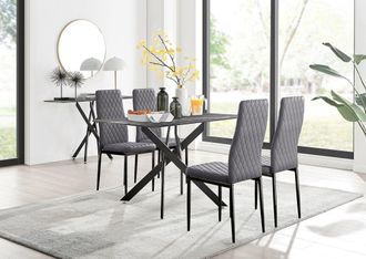 Furniturebox Leonardo Grey Glass Marble Effect Black Leg Table & 4 Velvet Milan Black Leg Chairs