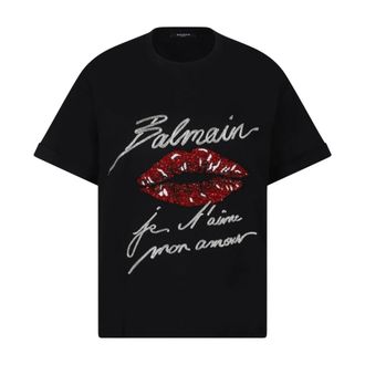 Balmain T-Shirts, female, Black, Size: M Kiss Print T-Shirt with Sequin Embellishment