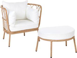 Beliani Sill&oacute;n De Jard&iacute;n Con Reposapi&eacute;s De Rat&aacute;n Sint&eacute;tico Patas De Acero Cojines Blanco Crema Muebles De Exterior Marr&oacute;n Claro Fonni
