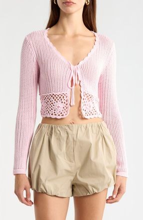All in Favor Crochet Detail Tie Front Sweater in Light Pink at Nordstrom, Size X-Small