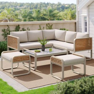 C&A Beige Rattan Garden Lounge Set for 6-7 with Corner Sofa,Galvanized Frame&Cushions