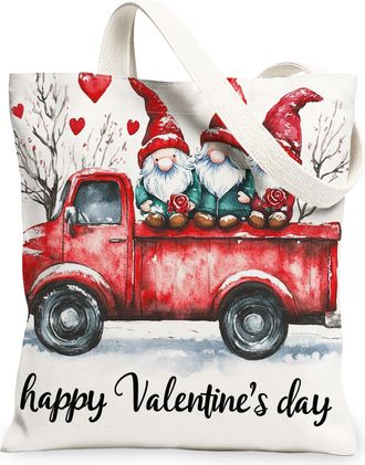 Generic Valentines Day Gnome Canvas Tote Bags, Cute Heart Pattern Reusable Shopping Bags, Lightweight Washable Shoulder Strap Canvas for Travel Beach Picnic 1