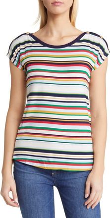 Loveappella Stripe Button Shoulder T-Shirt in Multistripe at Nordstrom, Size X-Small