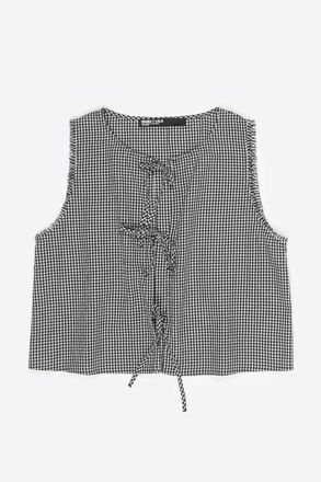 Bimba & Lola Checked Top With Bows And Frayed Details in Black at Nordstrom, Size Large Eu