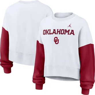 Jordan Brand Womens Jordan Brand White Oklahoma Sooners Color-Block Oversized Cropped Pullover Sweatshirt at Nordstrom, Size Xx-Large