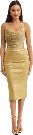 H&eacute;rve L&eacute;ger Disco Knit Fringe Midi Jurk - Dames - Feestkleedjes - Geel - S - Kleedjes