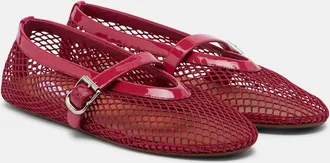 Alaia Ala&iuml;a Leather-trimmed fishnet Mary Jane flats