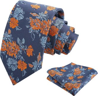 Alizeal Mens Retro Floral Necktie and Hanky Business Wedding Tie and Pocket Square Set, Navy+Orange