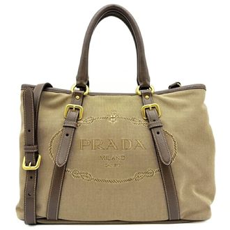 Prada Beige Dark Brown Canvas Leather Tote Bag (Pre-Owned)