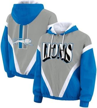 WEAR by Erin Andrews Womens WEAR by Erin Andrews Blue/Gray Detroit Lions Plus Size Retro Crinkle Full-Zip Hoodie Windbreaker Jacket at Nordstrom, Size 2X