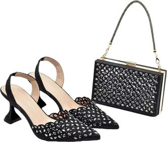 Generic Womens Shoes and Bags Set Sparkly Rhinestone Decorated High Heels Shoes Strap Shoulder Bag for Party Wedding Black