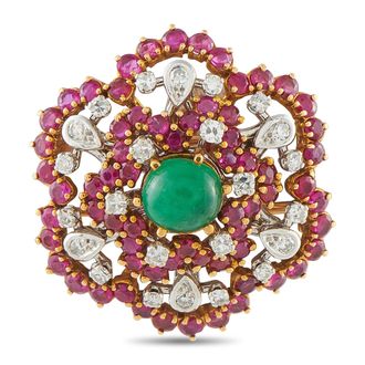 Luxury Bazaar Antique French 18K Yellow Gold 0.50ct Diamond, Ruby, and Emerald Cluster Brooch MF03-080526