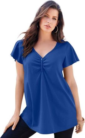 Roaman's Plus Size Cotton Ultimate Flutter Sleeve Sweetheart Tee in Ultra Blue at Nordstrom, Size 16