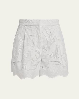 Erdem Floral Cutwork Cotton Pleated Shorts