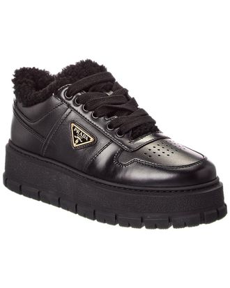 Prada Logo Leather & Shearling Platform Sneaker