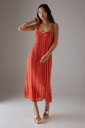 Warehouse Womens Petite Hand Embellished Square Neck Strappy Midi Dress - Orange - Size 6 UK