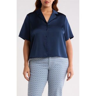 Liverpool L.A. Satin Camp Shirt in Dark Navy at Nordstrom, Size 2 X