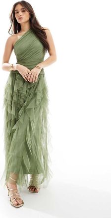Lace & Beads Bridesmaid one-shoulder waterfall ruffle maxi dress in soft olive-Green