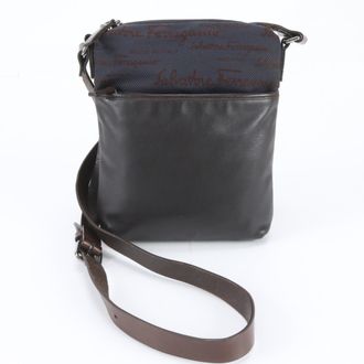 Ferragamo Dark Brown Leather Canvas Messenger Bag Shoulder Bag (Pre-Owned)