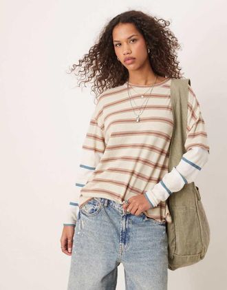 Free People striped oversized long sleeve T-shirt in neutral