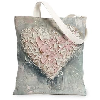 Generic Heart Floral Canvas Tote Bags, Flower Design Reusable Grocery Bags, Spring Vintage Chic Lightweight Washable Shoulder Strap, Gray, 13x15 Inch
