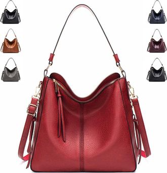 Generic Vintage PU Vegan Leather Handbags and Purse Sets for Women Fashion Tote Hobo Bags Shoulder Satchel Handbag Zip Wallet, A-red