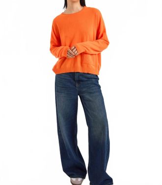 Brodie Piper Rib Detail Pocket Cashmere Crewneck Top In Neon Orange