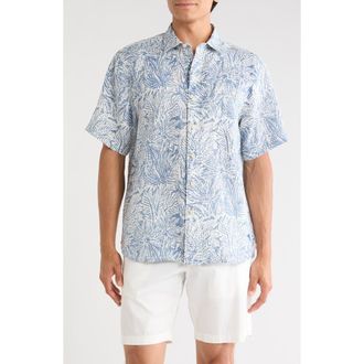 Tommy Bahama Antigo Vines Leaf Print Short Sleeve Linen Button-Up Shirt in Kingfish at Nordstrom, Size Xxx-Large