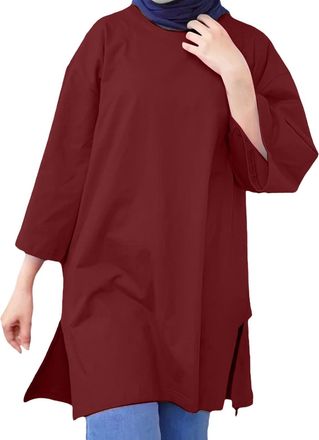 Generic Womens Muslim Islamic Long Shirt - Oversized Tunic Top, Arabian Afghan Dubai Modest Style, Madrassa Button Down Blouse for Daily Wear(Red, XL)