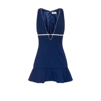 Elisabetta Franchi Mouwelloze V-hals Jurk met Volant - Dames - Jurken - Blauw - Maat: XS