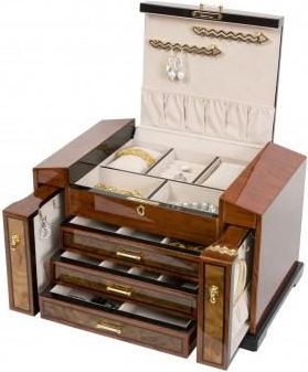 Allurez Bubinga Jewelry Chest w Elm Burl Trim w 3 Drawers & 2 Watch Pillows