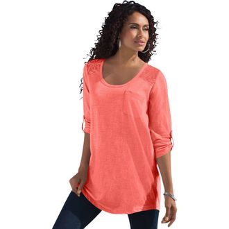 Roaman's Textured Lace Trimmed Tunic in Sunset Coral at Nordstrom, Size Medium