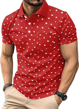Generic Mens Valentines Day Short Sleeved Polo Shirt - Golf Collar Top with Pocket Pocket (UK, Alpha, XL, Regular, Regular, Red1)
