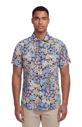 Lords of Harlech Rough Floral Short Sleeve Fine Linen Shirt in Rough Floral Black at Nordstrom, Size Xx-Large