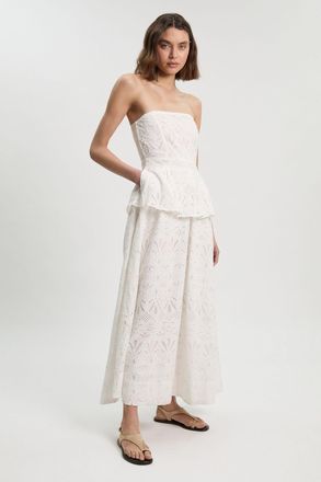 Karen Millen Womens Cotton Broderie Peplum Bandeau Midi Dress - White - Size 18 UK