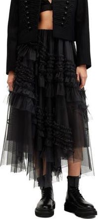 AllSaints Jen Asymmetric Hem Tulle Skirt in Black at Nordstrom Rack, Size 12 Us / 16 Uk