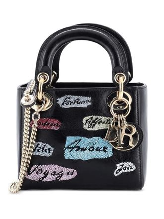 Dior Borsa a spalla Lady Dior mini in pelle con perline - Nero