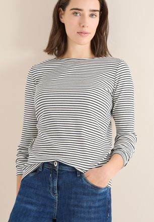 Cecil Langarmshirt CECIL, Damen, Gr. XXL (46), creamy wei&szlig;, Jersey, Obermaterial: 95% Baumwolle, 5% Elasthan, gestreift, gerade h&uuml;ftbedeckend, Rundhals, Shi