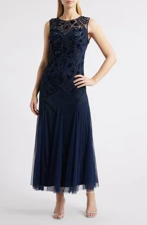 Pisarro Nights Geometric Beaded Sleeveless Gown in Navy at Nordstrom Rack, Size 18 (Similar To 14W)