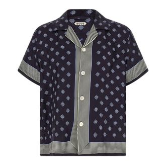 Bode Foyer Diamond Short Sleeve Shirt - Heren - Korte mouwen Overhemden - Blauw - XL - Satijn - Overhemden