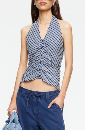 Lioness Power Hour Rhinestone Detail Plaid Halter Top in Navy Plaid at Nordstrom, Size X-Large