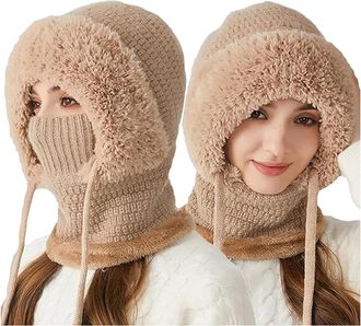Generic 3 in 1 Storm Hood, Hat and Scarf set for Women, Windproof Warm hoodie hat with Face Mask, Knitted Plush for Outdoor (Khaki)