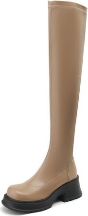 Generic Womens Over-The-Knee Stretch PU Leather Boots Round Toe Thick Non-Slip Platform Soles Side Zipper High Top Slip On Chunky Block Heels Soft Lining Dura