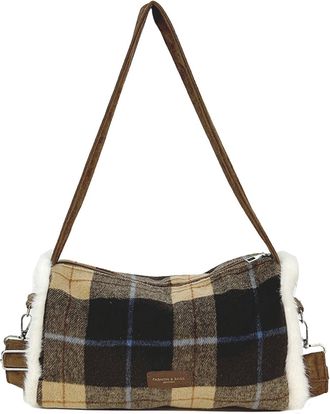 Generic Cymwer Autumn Plaid Crossbody Bag Cylindrical Bag with Zipper Closure for Women (Brown)