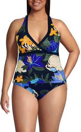 Lands End Texture V-neck Halter Tankini Swimsuit Top in Navy Multi Floral Blooms at Nordstrom, Size 2 X