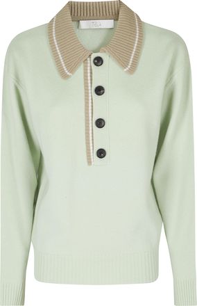 Tela Green Beige Contrast Collar Wool Polo Shirt