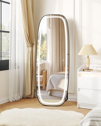 OEM Specchio Da Terra Con Luci, Led Specchio Da Parete Lungo, Specchio Curvo Da Terra Con Supporto, 3 Colori Di Illuminazione, Adatto Per Camera Da Letto,