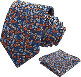 Alizeal Mens Floral Patterned Wedding Party Tie with Pocket Square 8cm Colorful Classic Business Tie Set, Navy+Orange Red
