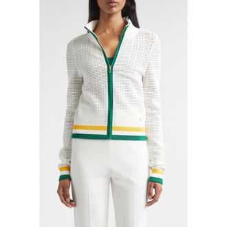 St. John Geometric Point Open Knit Zip-Up Jacket in Bright White Multi at Nordstrom, Size Medium