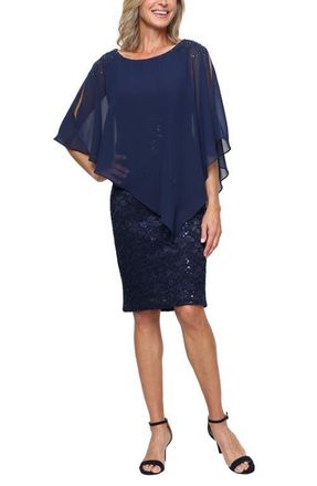 S.L. Fashions Chiffon Capelet Floral Lace Cocktail Dress in New Navy at Nordstrom, Size 16P